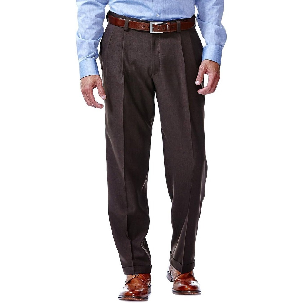 Haggar Mens E-CLO Classic Fit Pleated Dress Pants Brown 40W x 34L